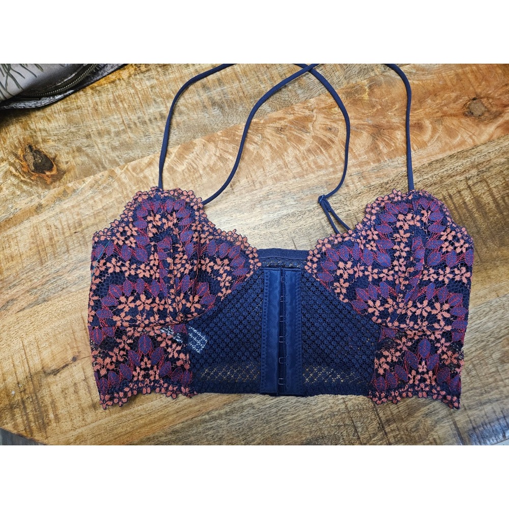 Intimately Free People Navy Coral Floral Lace Longline Bralette Front Hook XS
